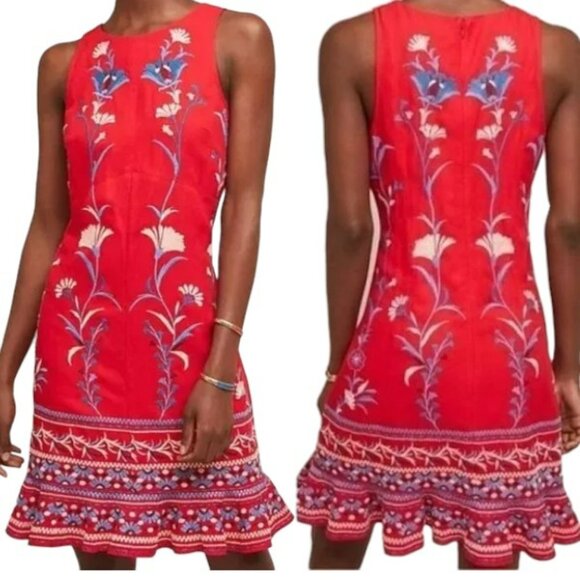 Anthropologie Akemi + Kin "Lila" Embroidered Linen Blend Shift - Red/Multi - XL - Picture 1 of 14